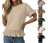 Cihdmfb Damen Kurzarmpullover Damen Elegant Rundhals Strickshirt Frühling Sommer Volant Ärmel Strickpullover Basic Einfarbige Strick Pullover Rüschen Saum Feinstrickpullover Tops(Khaki,XL)