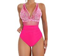 Cihdmfb Einteilige Badeanzüge Damen Mesh Stitching Bauchweg Einteiliger Badeanzug V Ausschnitt Push Up Monokinis Vintage Einfarbig High Waist Bademode Schlankheits Swimsuits für Damen(C A01,L)
