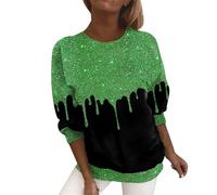 Cihdmfb Glitzer Oberteile Damen Frühling Farbverlauf Pailletten Glitzer Druck Sweatshirt Große Größe T Shirt Rundhals Langarm Pullover Bequeme Bluse Tunika Elegante Langarmshirt Tops(F Grün,XXL)
