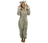 Cihdmfb Jumpsuit Damen Winter Warmer Overall Teddy Fleece Einteiler Solide Schlafanzug Kuschelig Lang Pyjama Flauschig Weich Hausanzug mit Kapuze 1/4 Zip Schlafoverall Lässig Homewear(A Grau,S)