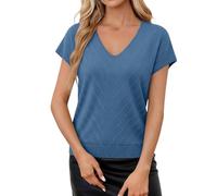 Cihdmfb Kurzarm Pullover Damen V Ausschnitt Strickpullover Elegant Cut Outs Design Strickshirt Einfarbig Kurzpullover Stretch Sommerpullover Damen Leicht Loose Fit Häkelpullover Tops(Marine,L)