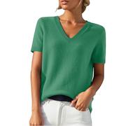Cihdmfb Kurzarmpullover Damen Strick V Ausschnitt Kurzarm Pullover Klassische Einfarbig Strickshirt Elegant Leicht Kurze Ärmel Strickpullover Damen Sommer Locker Pulli Oberteil Tops(Grün,L)