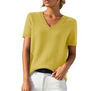 Cihdmfb Kurzarmpullover Damen Strick V Ausschnitt Kurzarm Pullover Klassische Einfarbig Strickshirt Elegant Leicht Kurze Ärmel Strickpullover Damen Sommer Locker Pulli Oberteil Tops(Gelb,L)