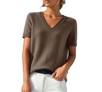 Cihdmfb Kurzarmpullover Damen Strick V Ausschnitt Kurzarm Pullover Klassische Einfarbig Strickshirt Elegant Leicht Kurze Ärmel Strickpullover Damen Sommer Locker Pulli Oberteil Tops(Kaffee,XL)