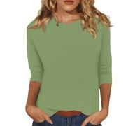 Cihdmfb Langarmshirt Damen Elegant Einfarbige 3/4 Arm Shirts Frühling Sommer Rundhals Oberteile Tops Teenager Mädchen Sommershirts Loose Fit Mode Damenblusen Leicht Und Luftig T Shirts(A Grün,XXL)