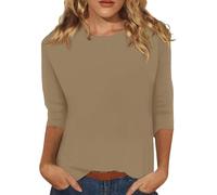 Cihdmfb Langarmshirt Damen Elegant Einfarbige 3/4 Arm Shirts Frühling Sommer Rundhals Oberteile Tops Teenager Mädchen Sommershirts Loose Fit Mode Damenblusen Leicht Und Luftig T Shirts(A Khaki,M)
