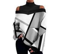 Cihdmfb Langarmshirt Damen Vintage Blumen Druck High Neck Sweatshirt Dünne Warm Rollkragenpullover Schulterfreies Oberteil Langarm mit Laternenärmeln Tunika Oberteile Tops (D Schwarz,M)