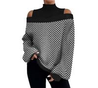 Cihdmfb Langarmshirt Damen Vintage Blumen Druck High Neck Sweatshirt Dünne Warm Rollkragenpullover Schulterfreies Oberteil Langarm mit Laternenärmeln Tunika Oberteile Tops (C Schwarz,XXL)