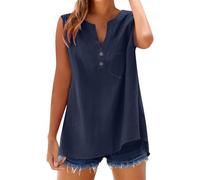 Cihdmfb Leinen Tank Tops Damen Oversized Baumwolle Leinenbluse Elegante Einfarbig Ärmellose Weste Lässiges V-Ausschnitt Unterhemd Button Down Leichte Bequemes Shirt Trägertop(A Marineblau,XXL)