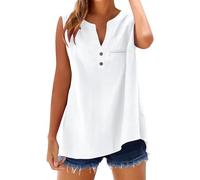 Cihdmfb Leinen Tank Tops Damen Oversized Baumwolle Leinenbluse Elegante Einfarbig Ärmellose Weste Lässiges V-Ausschnitt Unterhemd Button Down Leichte Bequemes Shirt Trägertop(A Weiß,XL)
