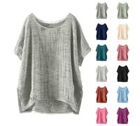 Cihdmfb Leinenbluse Damen Große Größen Baumwolle Leinen Bluse Vintage Einfarbig Kurzarm Rundhals Blusenshirt Leichte Locker Leinenshirt Longshirts Oversized Tunika Tops Oberteil(A Grau,XL)