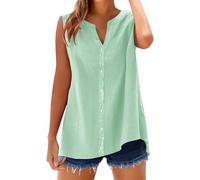 Cihdmfb Leinenbluse Damen Große Größen Musselin Bluse Casual V-Ausschnitt Ärmellose Hemdbluse Elegant Summer Einfarbig Unterhemd Longbluse mit Knöpfen Leichte Locker Blusenshirt Hemd(A Mintgrün,3XL)