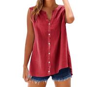 Cihdmfb Leinenbluse Damen Große Größen Musselin Bluse Casual V-Ausschnitt Ärmellose Hemdbluse Elegant Summer Einfarbig Unterhemd Longbluse mit Knöpfen Leichte Locker Blusenshirt Hemd(A Rot,L)