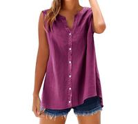 Cihdmfb Leinenbluse Damen Große Größen Musselin Bluse Casual V-Ausschnitt Ärmellose Hemdbluse Elegant Summer Einfarbig Unterhemd Longbluse mit Knöpfen Leichte Locker Blusenshirt Hemd