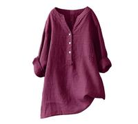 Cihdmfb Leinenbluse Damen Oversized Summer V Ausschnitt Button-Down Leinen Shirt Elegant Einfarbig Hemdbluse Locker Lässige Leinenhemd Aufrollbaren Ärmeln Oberteile Longshirt Hemd(A Wein,3XL)