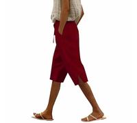 Cihdmfb Leinenshorts Damen Elegant Summer Einfarbig Kurze Hosen Leicht Dünne Bermuda Shorts Leinenhose Mit Kordelzug High Waist Linen Pants Stoffhose Lockere Strandshorts mit Taschen(A-Rot,3XL)