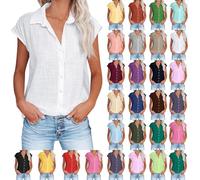 Cihdmfb Musselin Bluse Damen Elegant Einfarbig Leinenbluse Sommer V-Ausschnitt mit Knöpfen Tshirt Große Größen Lässig Locker Oberteile Kurzarm Hemdbluse Baumwolle Leinen Hemd Tops(B Weiß,M)