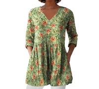 Cihdmfb Oberteile Damen Große Größen V Ausschnitt 3/4-Ärmel Blusenshirt Retro Blumen Druck Longbluse Lässige Locker Leinenbluse für Damen mit Taschen Strand Tunika Tops Tshirt(A Grün,XL)
