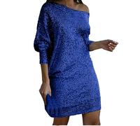 Cihdmfb Paillettenkleid Damen Elegant Rundhals Langarm Partykleid Ballkleid Sexy Off Shoulder Glitzerkleid Pailletten Festliches Silvester Kleid Hochzeit Cocktailkleid Abiballkleider (A Blau,3XL)