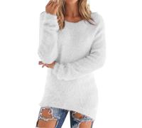 Cihdmfb Pullover Damen Lange Strickpullover Oversize Einfarbig Langarm Plüschpullover Winter Warme Flauschiger Pullis Elegante Rundhals Longpullover Casual Locker Sweater Bluse Tops(A Weiß,5XL)