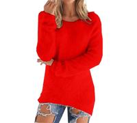 Cihdmfb Pullover Damen Lange Strickpullover Oversize Einfarbig Langarm Plüschpullover Winter Warme Flauschiger Pullis Elegante Rundhals Longpullover Casual Locker Sweater Bluse Tops(A Rot,XL)