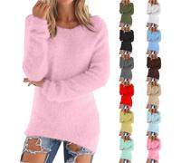 Cihdmfb Pullover Damen Lange Strickpullover Oversize Einfarbig Langarm Plüschpullover Winter Warme Flauschiger Pullis Elegante Rundhals Longpullover Casual Locker Sweater Bluse Tops(A Rosa,M)