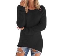 Cihdmfb Pullover Damen Lange Strickpullover Oversize Einfarbig Langarm Plüschpullover Winter Warme Flauschiger Pullis Elegante Rundhals Longpullover Casual Locker Sweater Bluse Tops(A Schwarz,L)