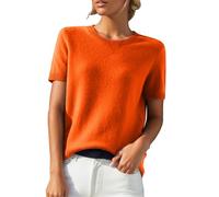 Cihdmfb Pullover Damen Summer Kurzarm Strickpullover mit Rundhalsausschnitt Strick Tshirt Elegante Einfarbig Loose Fit T-Shirt Oberteile Leicht Bequeme Strickshirts Pulli Bluse Tops(Orange,XL)