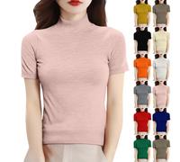 Cihdmfb Rollkragenpullover Damen Kurzarm Strickpullover mit Stehkragen Sommer Enge Tshirts Kurzarmpullover Basic Einfarbig Rollkragen Oberteile Stretch Slim Fit Sommerpullover für Alltag(Rosa,XXL)