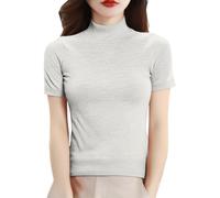 Cihdmfb Rollkragenpullover Damen Kurzarm Strickpullover mit Stehkragen Sommer Enge Tshirts Kurzarmpullover Basic Einfarbig Rollkragen Oberteile Stretch Slim Fit Sommerpullover für Alltag(Weiß,XXL)