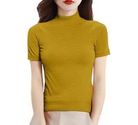Cihdmfb Rollkragenpullover Damen Kurzarm Strickpullover mit Stehkragen Sommer Enge Tshirts Kurzarmpullover Basic Einfarbig Rollkragen Oberteile Stretch Slim Fit Sommerpullover für Alltag(Gelb,M)