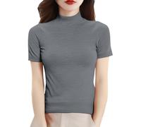 Cihdmfb Rollkragenpullover Damen Kurzarm Strickpullover mit Stehkragen Sommer Enge Tshirts Kurzarmpullover Basic Einfarbig Rollkragen Oberteile Stretch Slim Fit Sommerpullover für Alltag(Grey,L)