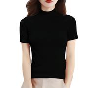Cihdmfb Rollkragenpullover Damen Kurzarm Strickpullover mit Stehkragen Sommer Enge Tshirts Kurzarmpullover Basic Einfarbig Rollkragen Oberteile Stretch Slim Fit Sommerpullover für Alltag(Schwarz,XXL)