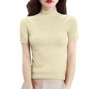 Cihdmfb Rollkragenpullover Damen Kurzarm Strickpullover mit Stehkragen Sommer Enge Tshirts Kurzarmpullover Basic Einfarbig Rollkragen Oberteile Stretch Slim Fit Sommerpullover für Alltag(Beige,XL)