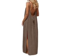 Cihdmfb Rückenfreies Cami-Kleid Damen Lang Strandkleid Elegant Sommer Ärmellos Spaghettiträger Maxikleid Side Slit Saum Musselin Kleid Fließendes Langes Boho Sommerkleid Freizeitkleider(A-Braun,XL)