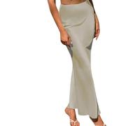 Cihdmfb Satin Rock Damen Hohe Taille A-Linie Langer Rock Versteckter Elastischer Bund Ausgestellter Elegant Einfarbig Midirock mit Seitenschlitz(E Beige,XXL)