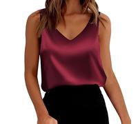 Cihdmfb Satin Tank Top Damen Ärmellose Blusentop Elegant Einfarbig Unterhemd Casual V-Ausschnitt Weste Teenager Mädchen Leichte Bequeme Cami Top Summer Solide Locker Shirt Oberteile(A RD2,XL)