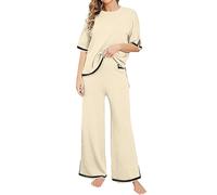 Cihdmfb Schlafanzug Damen Lang Pyjama Set Zweiteiliger Nachtwäsche mit Rundhals Sleepwear und Karierte Elastischer Bund Pyjamahose Hausanzug Freizeitanzug für Frühling(H Beige,M)