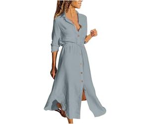 Cihdmfb Shirtkleid Damen Große Größen Baumwolle Leinen Kleid Casual Revers V-Ausschnitt mit Knöpfen Blusenkleid Elegant Einfarbig Langarm Sommerkleid Maxikleid Leinenkleid mit Kordelzug(Grey,M)