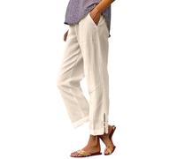 Cihdmfb Sommerhose Damen Leicht Summer Leinenhose Side Slit Caprihose Große Größen Locker Stoffhose Strandhose Basic Solide High Waist Linen Pants Kordelzug Straight Leg Hose mit Taschen(B-Beige,3XL)