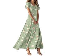 Cihdmfb Sommerkleid Damen Elegant Summer Blumen Drucken Strandkleider Casual V-Ausschnitt Kurzarm Blumenkleid Lange Schwingen Kleider Fließendes Cocktailkleid A Linie Maxi Partykleid(C Grün,3XL)