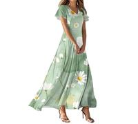 Cihdmfb Sommerkleid Damen Elegant Summer Blumen Drucken Strandkleider Casual V-Ausschnitt Kurzarm Blumenkleid Lange Schwingen Kleider Fließendes Cocktailkleid A Linie Maxi Partykleid(E Tarnung,3XL)