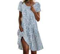 Cihdmfb Sommerkleid Damen Große Größen Locker Blusenkleid Vintage Blumen Drucken Tshirt Kleider Casual Kurzarm Rundhals Tunikakleid Leichte Bequeme Freizeitkleid Oversized Midikleid(A Blau,XL)