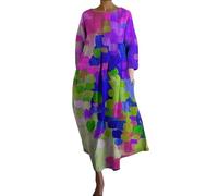 Cihdmfb Sommerkleid Damen Große Größen Sommer V-Ausschnitt 3/4 Ärmel Strandkleider Maxikleid Vintage Blumen Drucken Lange Blusenkleid Tunika Kleider Leicht Bequeme Freizeitkleider(C Lila,XL)