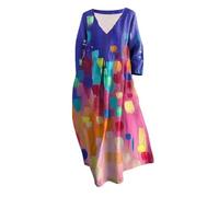 Cihdmfb Sommerkleid Damen Große Größen Sommer V-Ausschnitt 3/4 Ärmel Strandkleider Maxikleid Vintage Blumen Drucken Lange Blusenkleid Tunika Kleider Leicht Bequeme Freizeitkleider(A Lila,XL)