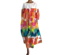 Cihdmfb Sommerkleid Damen Große Größen Sommer V-Ausschnitt 3/4 Ärmel Strandkleider Maxikleid Vintage Blumen Drucken Lange Blusenkleid Tunika Kleider Leicht Bequeme Freizeitkleider(D Orange,3XL)