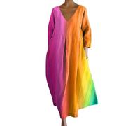 Cihdmfb Sommerkleid Damen Große Größen Sommer V-Ausschnitt 3/4 Ärmel Strandkleider Maxikleid Vintage Blumen Drucken Lange Blusenkleid Tunika Kleider Leicht Bequeme Freizeitkleider(A Orange,S)