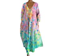Cihdmfb Sommerkleid Damen Große Größen Sommer V-Ausschnitt 3/4 Ärmel Strandkleider Maxikleid Vintage Blumen Drucken Lange Blusenkleid Tunika Kleider Leicht Bequeme Freizeitkleider(A Rosa,3XL)