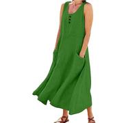 Cihdmfb Sommerkleid Damen Lange Baumwolle Leinen Kleid Elegant Einfarbig Blusenkleid Maxikleider Summer Rundhals Ärmellos Tankkleid Tshirt Kleider Oversized Strandkleid mit Taschen(D-Grün,XL)