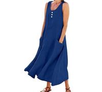 Cihdmfb Sommerkleid Damen Lange Baumwolle Leinen Kleid Elegant Einfarbig Blusenkleid Maxikleider Summer Rundhals Ärmellos Tankkleid Tshirt Kleider Oversized Strandkleid mit Taschen(D-Dunkelblau,4XL)